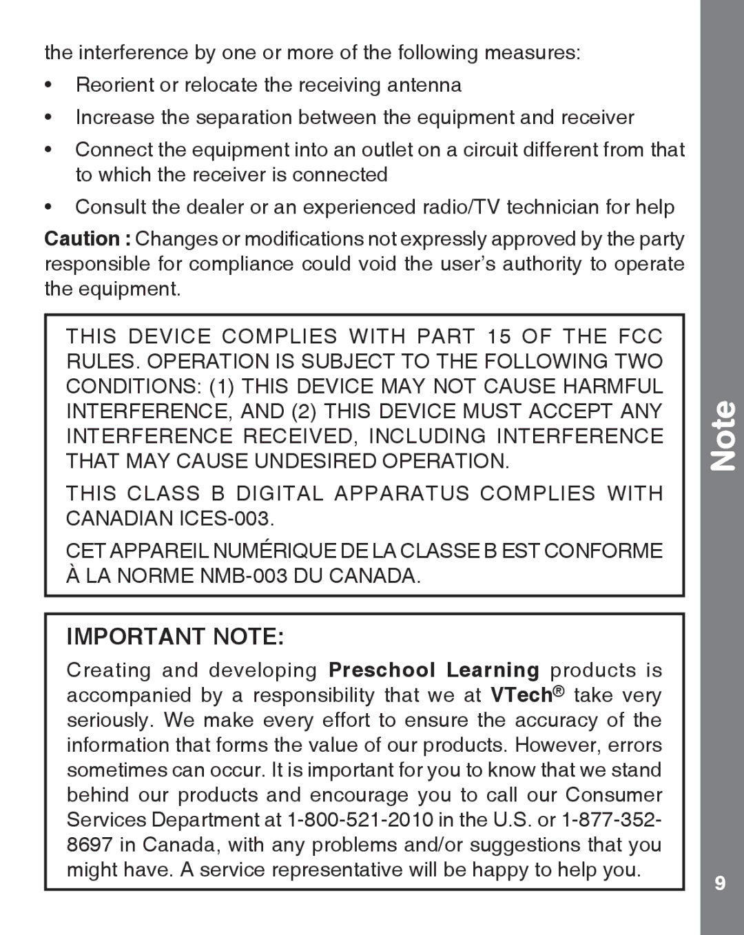 VTech 91-002463-000-000 user manual Important Note 