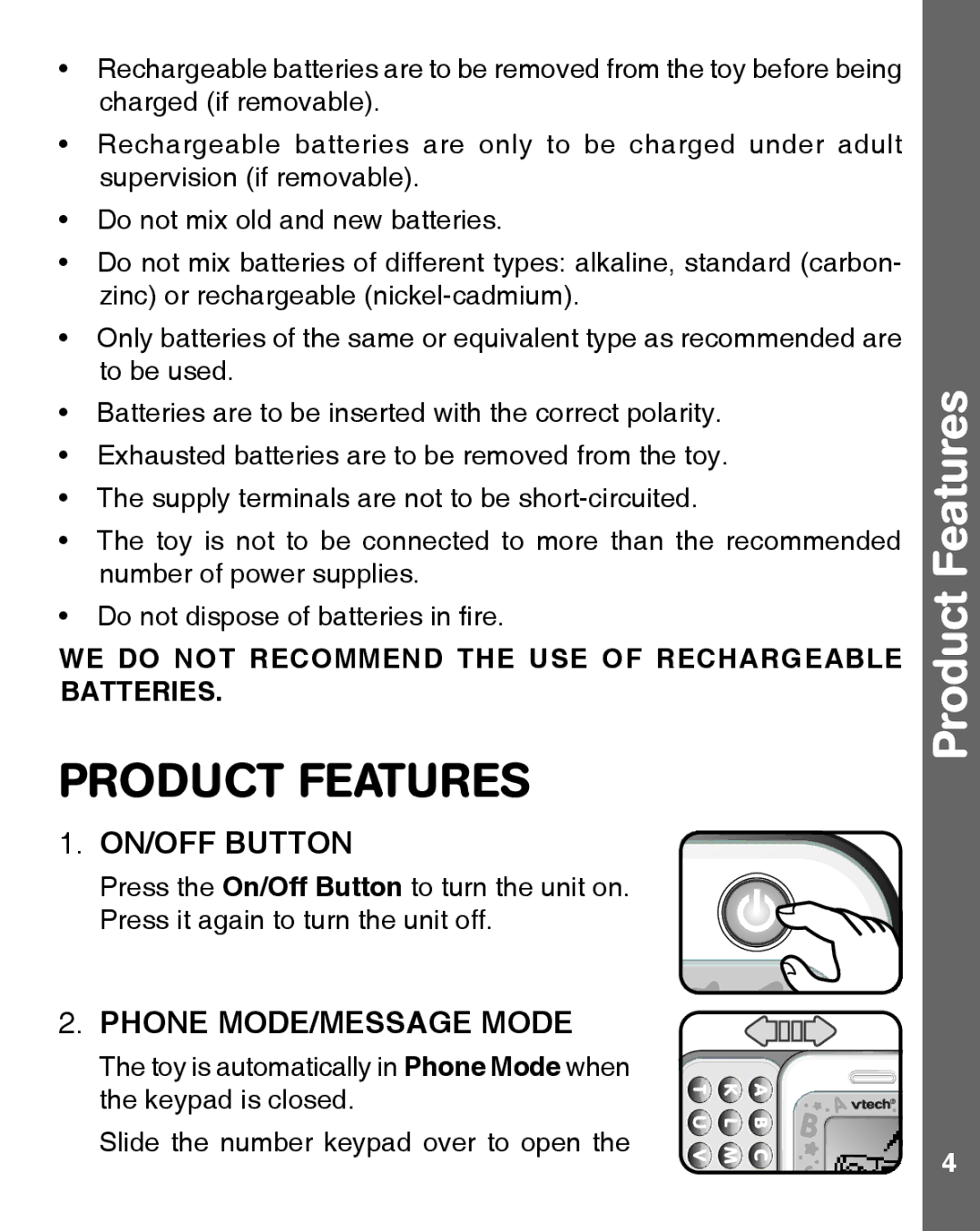 VTech 91-002463-000-000 user manual Product Features, ON/OFF Button, Phone MODE/MESSAGE Mode 