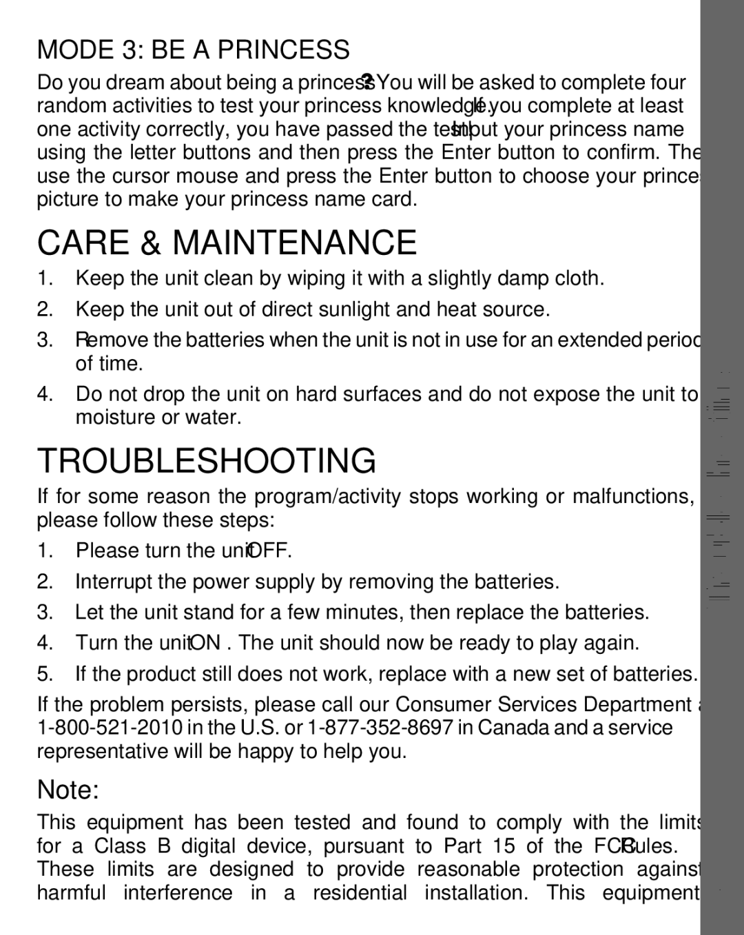 VTech 91-002469-001-000 user manual Care & Maintenance, Troubleshooting, Mode 3 be a Princess 