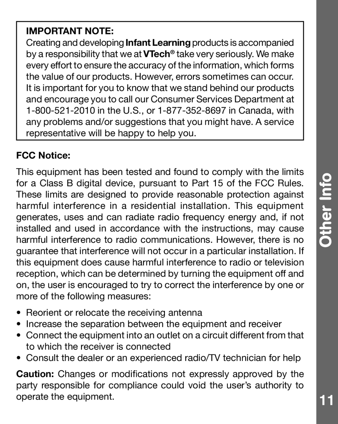 VTech 91-002470-007 user manual Other Info, Important Note 