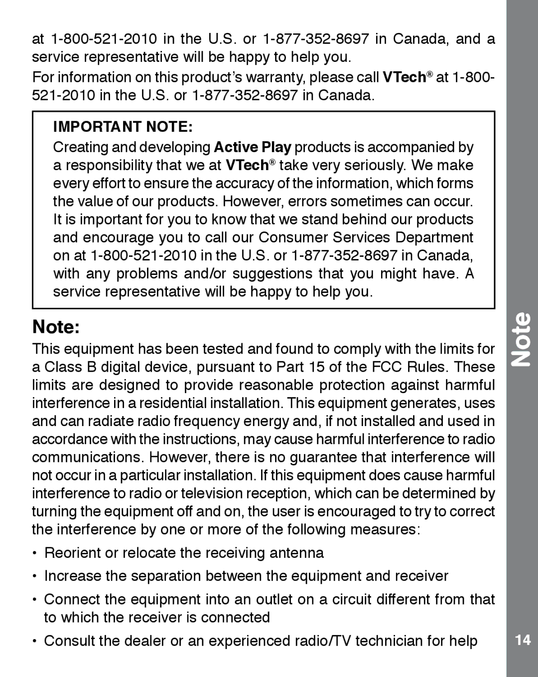 VTech 91-002487-000-000 user manual Important Note 