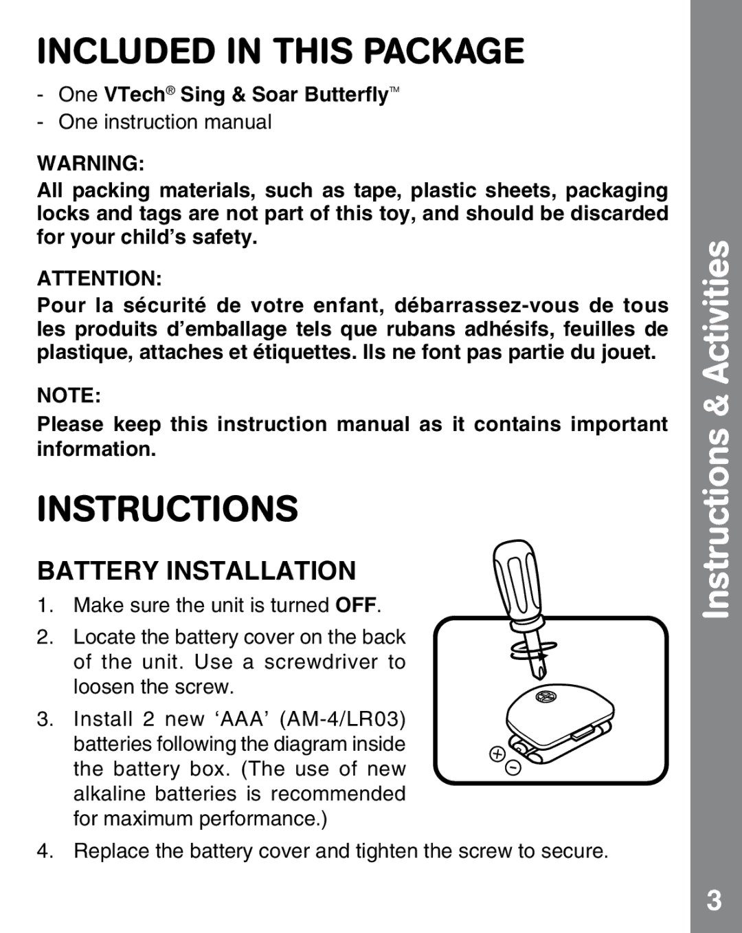 VTech 91-002537-005 user manual Included in this Package, Instructions & Activities, Battery Installation 