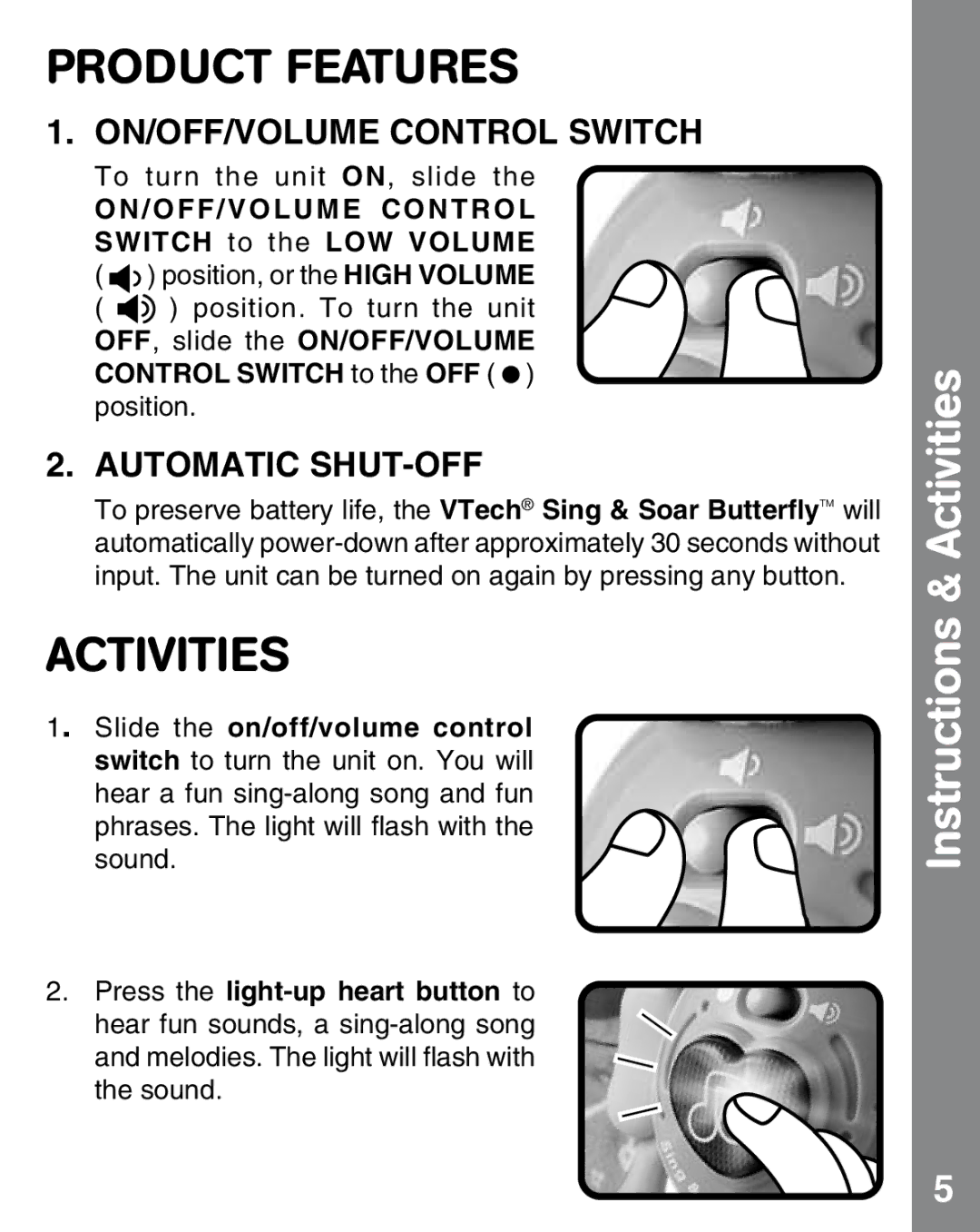 VTech 91-002537-005 user manual Product Features, Activities, ON/OFF/VOLUME Control Switch, Automatic SHUT-OFF 