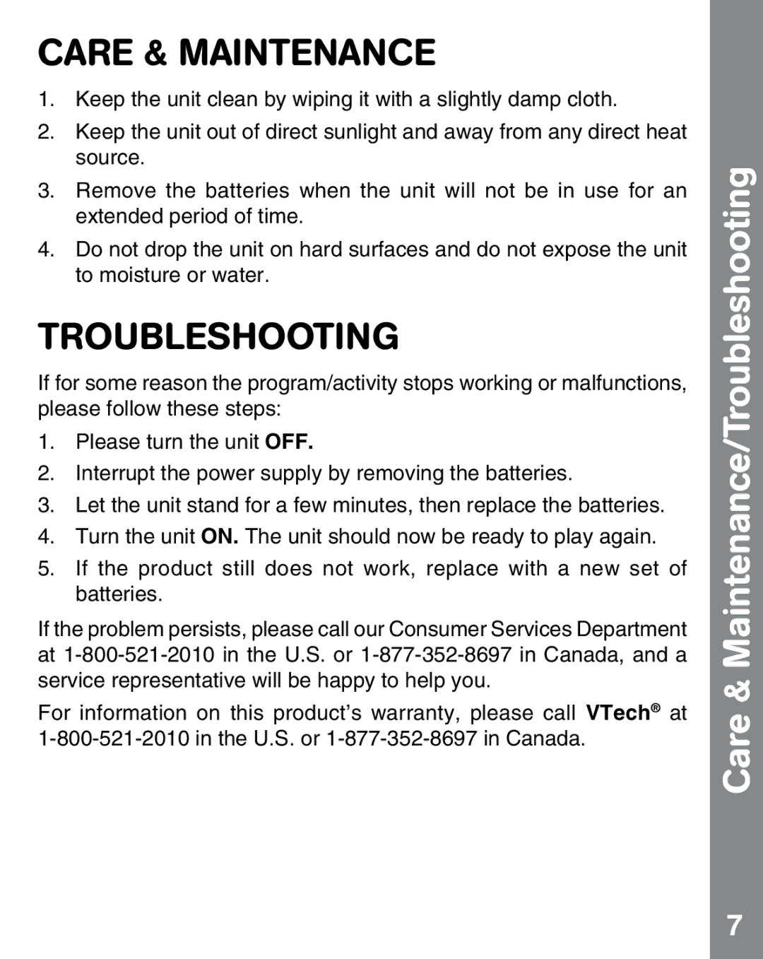 VTech 91-002537-005 user manual Care & Maintenance/Troubleshooting 