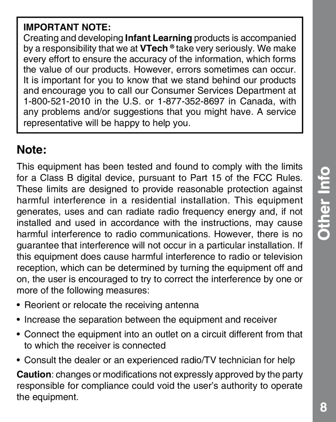 VTech 91-002537-005 user manual Other Info, Important Note 