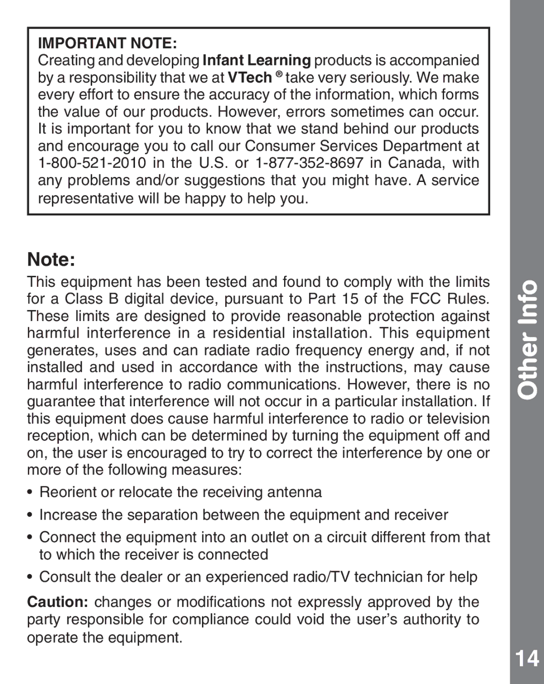 VTech 91-002584-000 user manual Other Info, Important Note 