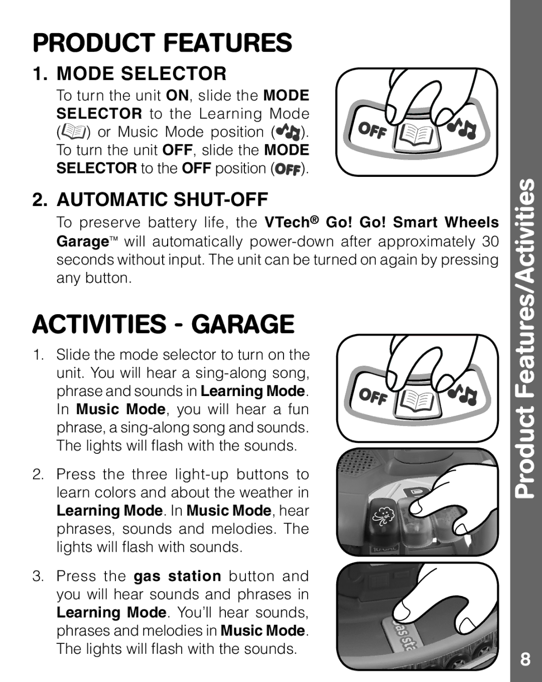 VTech 91-002594-000 user manual Activities Garage, Product Features/Activities 