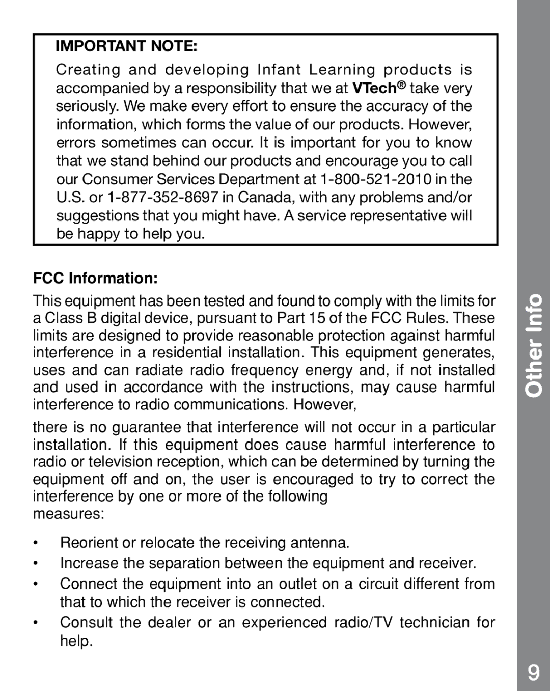 VTech 91-002690-005 user manual Other Info, Important Note 