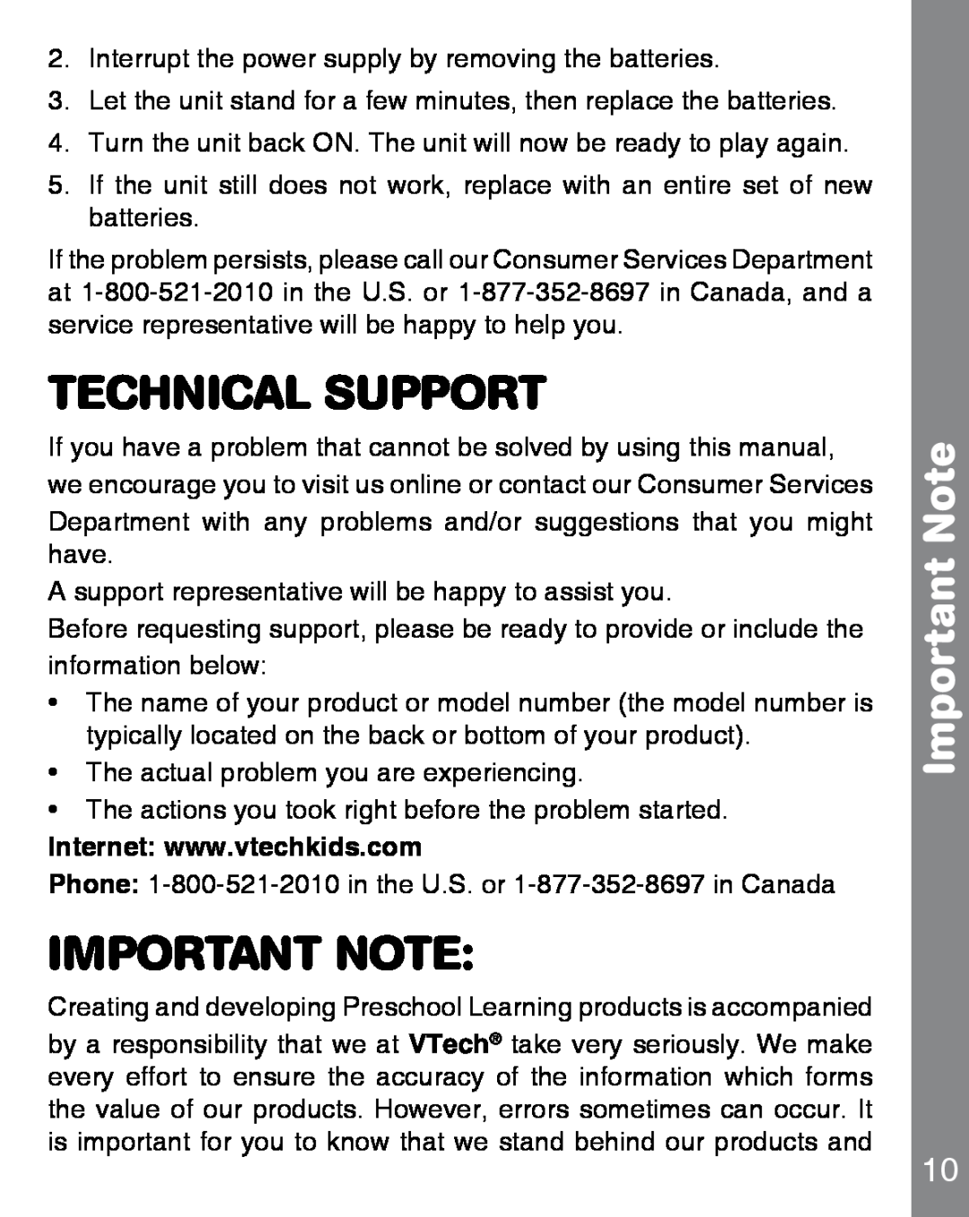 VTech 91-002815-008 user manual Technical Support, Important Note 