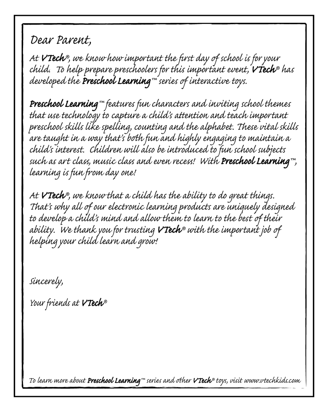 VTech 91-002815-008 user manual Dear Parent, Sincerely Your iends at VTech 