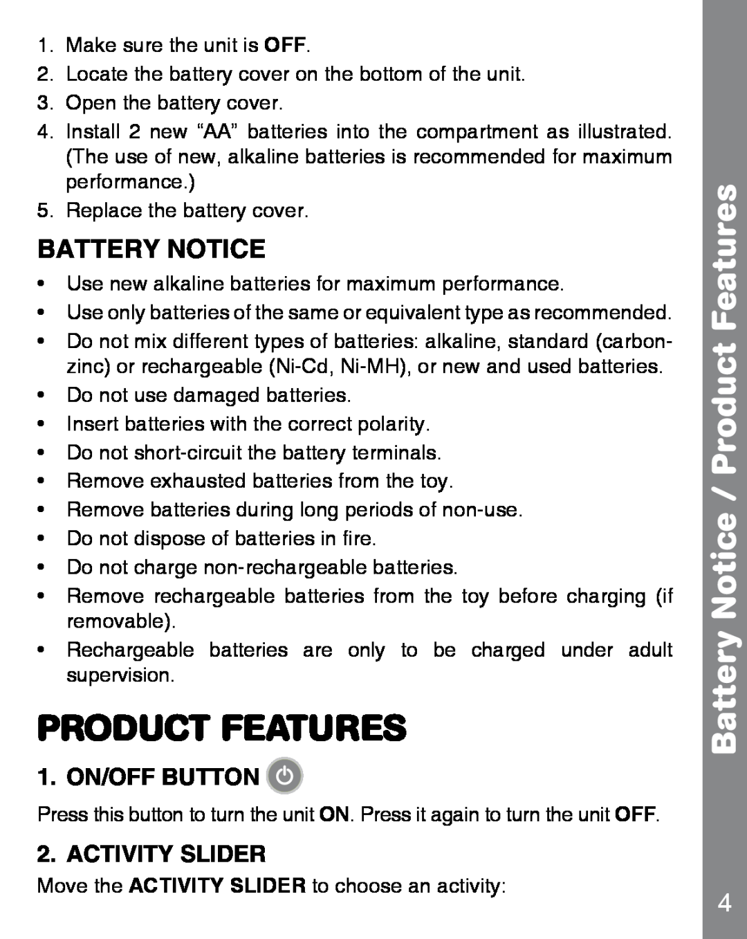 VTech 91-002815-008 user manual Battery Notice / Product Features, 1. ON/OFF BUTTON, Activity Slider 