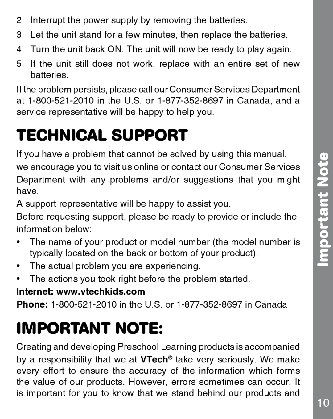 VTech 91-002815-008 user manual Technical Support, Important Note 