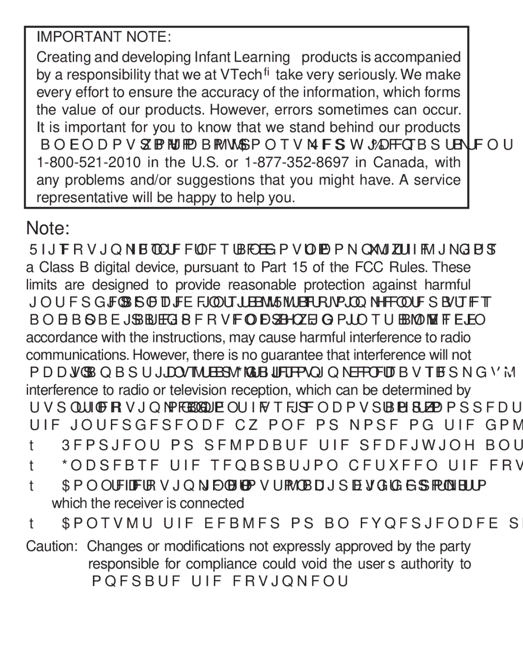 VTech 91-002831-011 US user manual Other Info, Important Note 