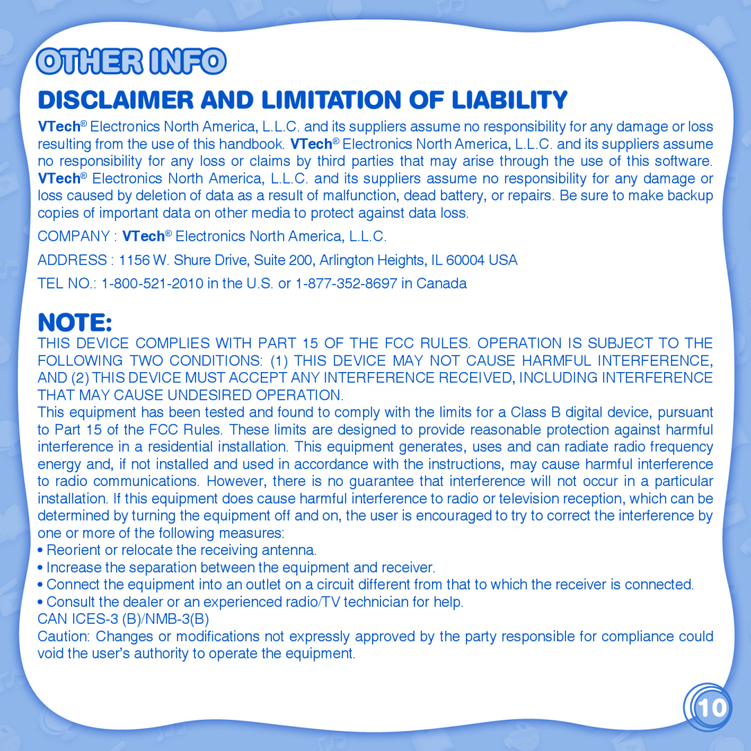 VTech 91-002838-086 user manual Other Info, Disclaimer And Limitation Of Liability 