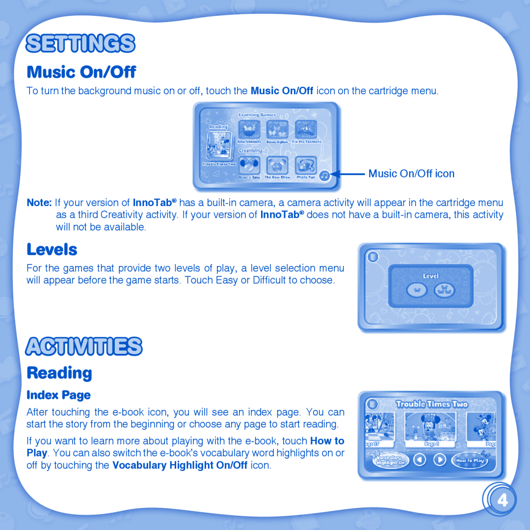VTech 91-002838-086 user manual Settings, Activities, Music On/Off, Levels, Reading, Index Page 