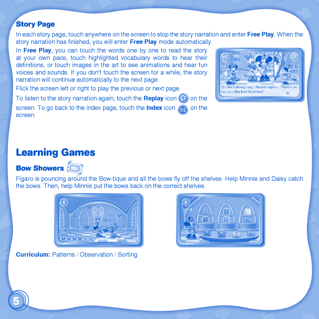 VTech 91-002838-086 user manual Learning Games, Story Page, Bow Showers 
