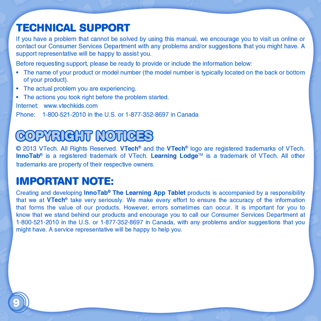 VTech 91-002838-086 user manual Copyright Notices, Technical Support, Important Note 