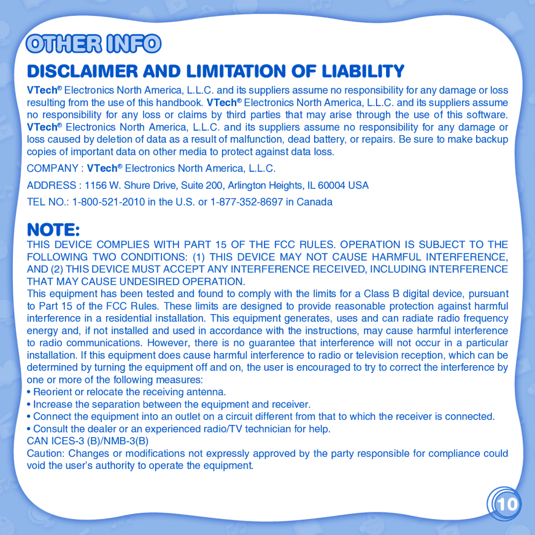 VTech 91-002838-086 user manual Other Info, Disclaimer and Limitation of Liability 