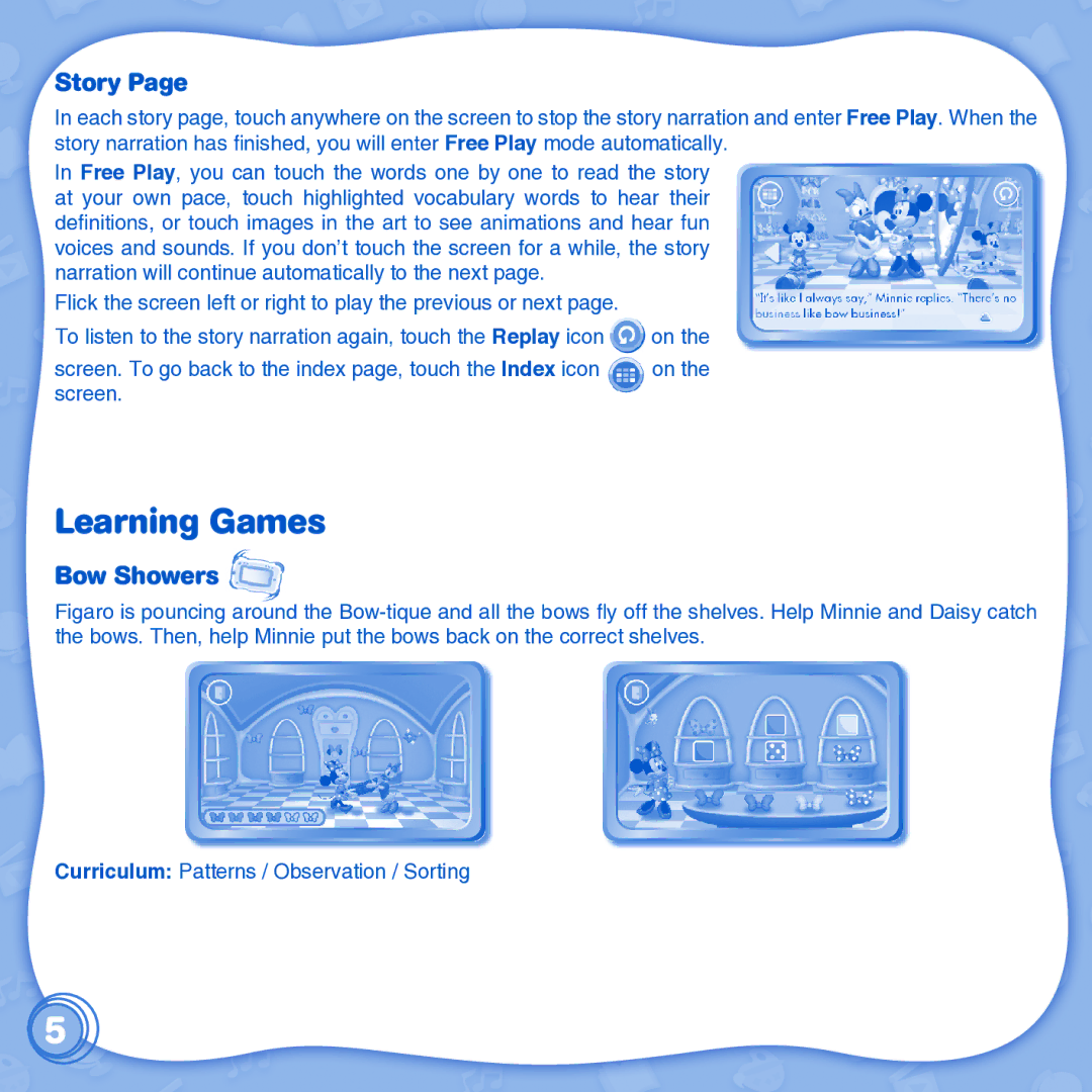 VTech 91-002838-086 user manual Learning Games, Story, Bow Showers 