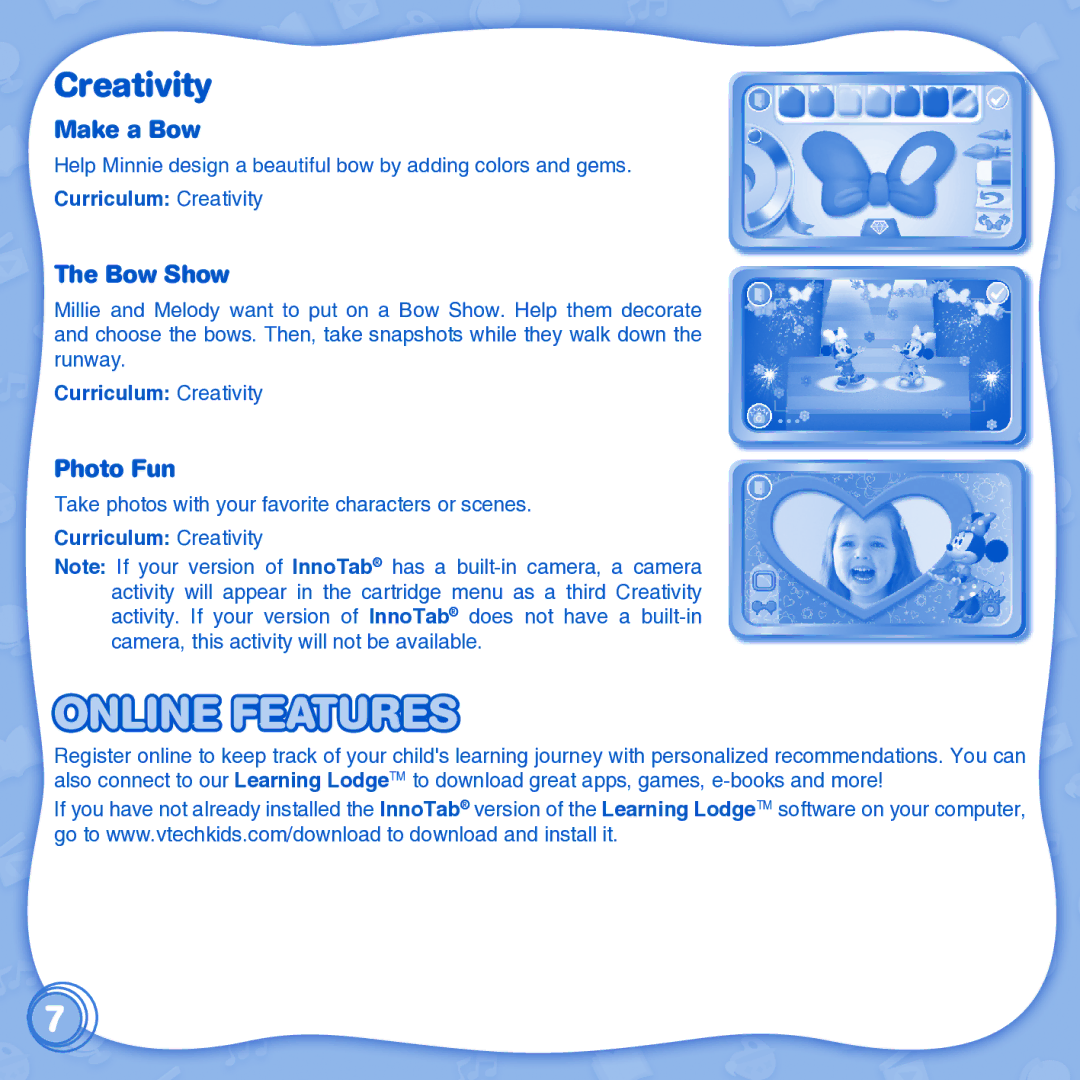 VTech 91-002838-086 user manual Online Features, Creativity, Make a Bow, Bow Show, Photo Fun 