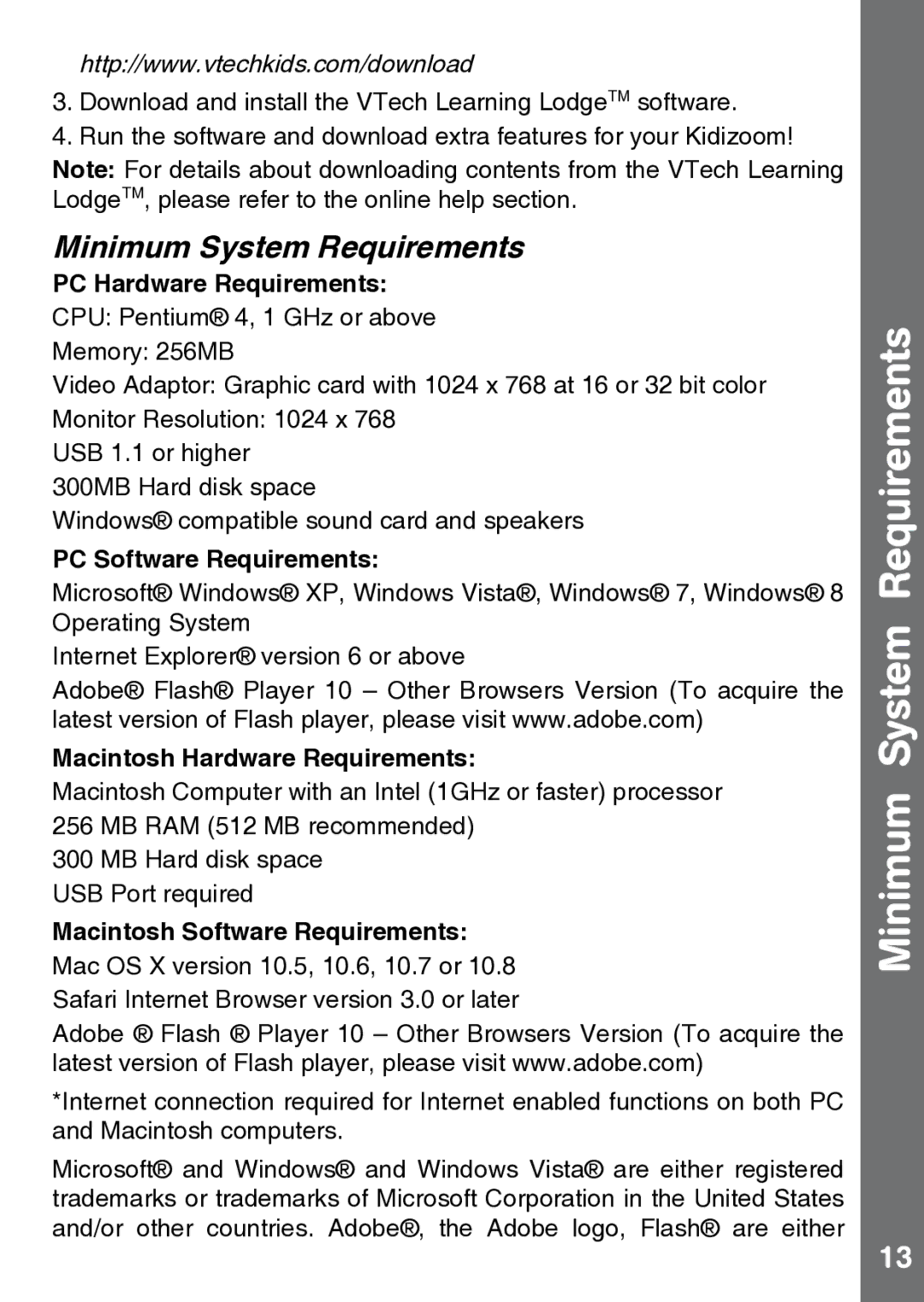 VTech 91-002843-000 user manual Minimum System Requirements, PC Hardware Requirements, PC Software Requirements 