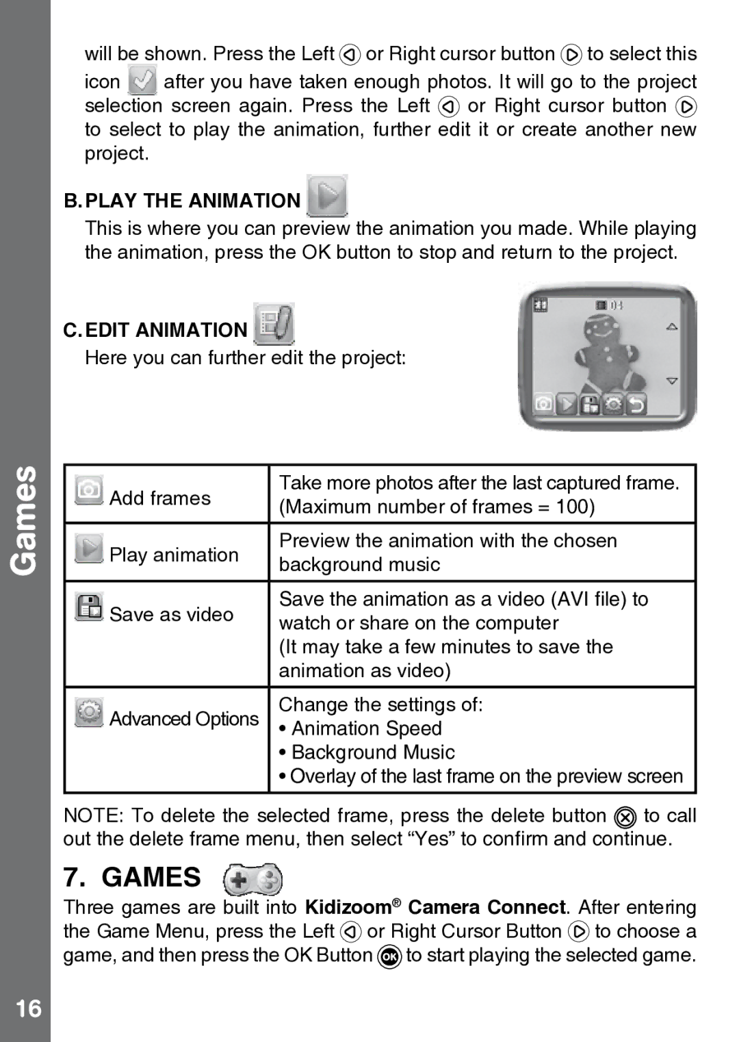 VTech 91-002843-000 user manual Games, Play the animation, Edit Animation 