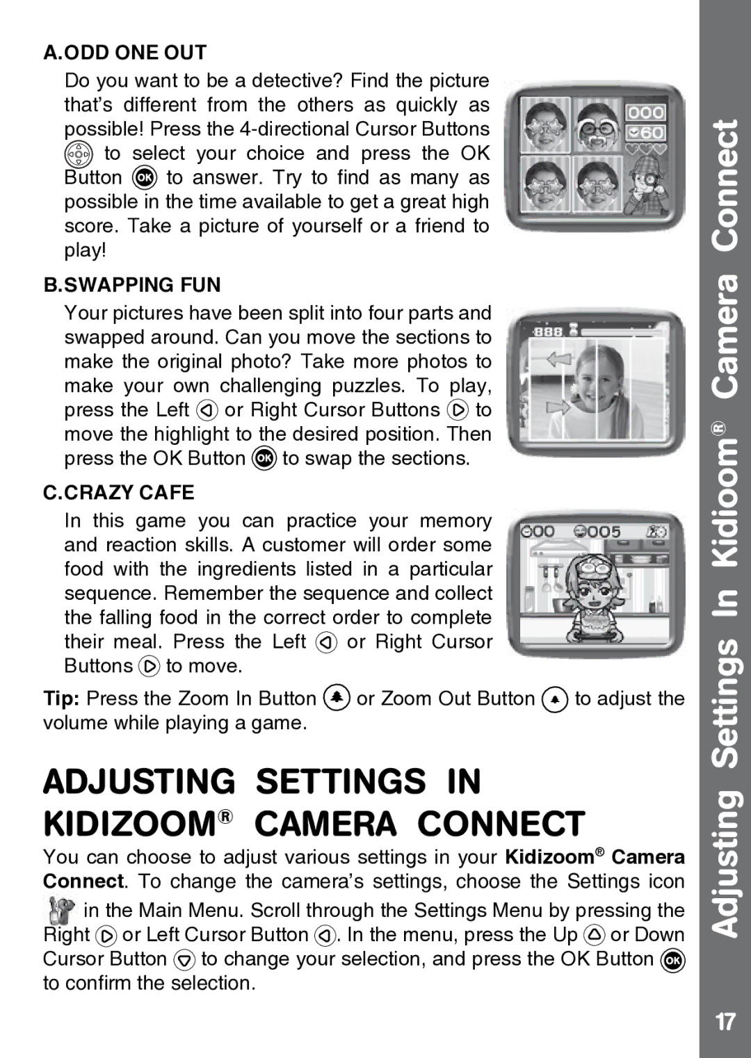 VTech 91-002843-000 user manual Adjusting Settings in Kidizoom Camera Connect, Adjusting Settings In Kidioom Camera 