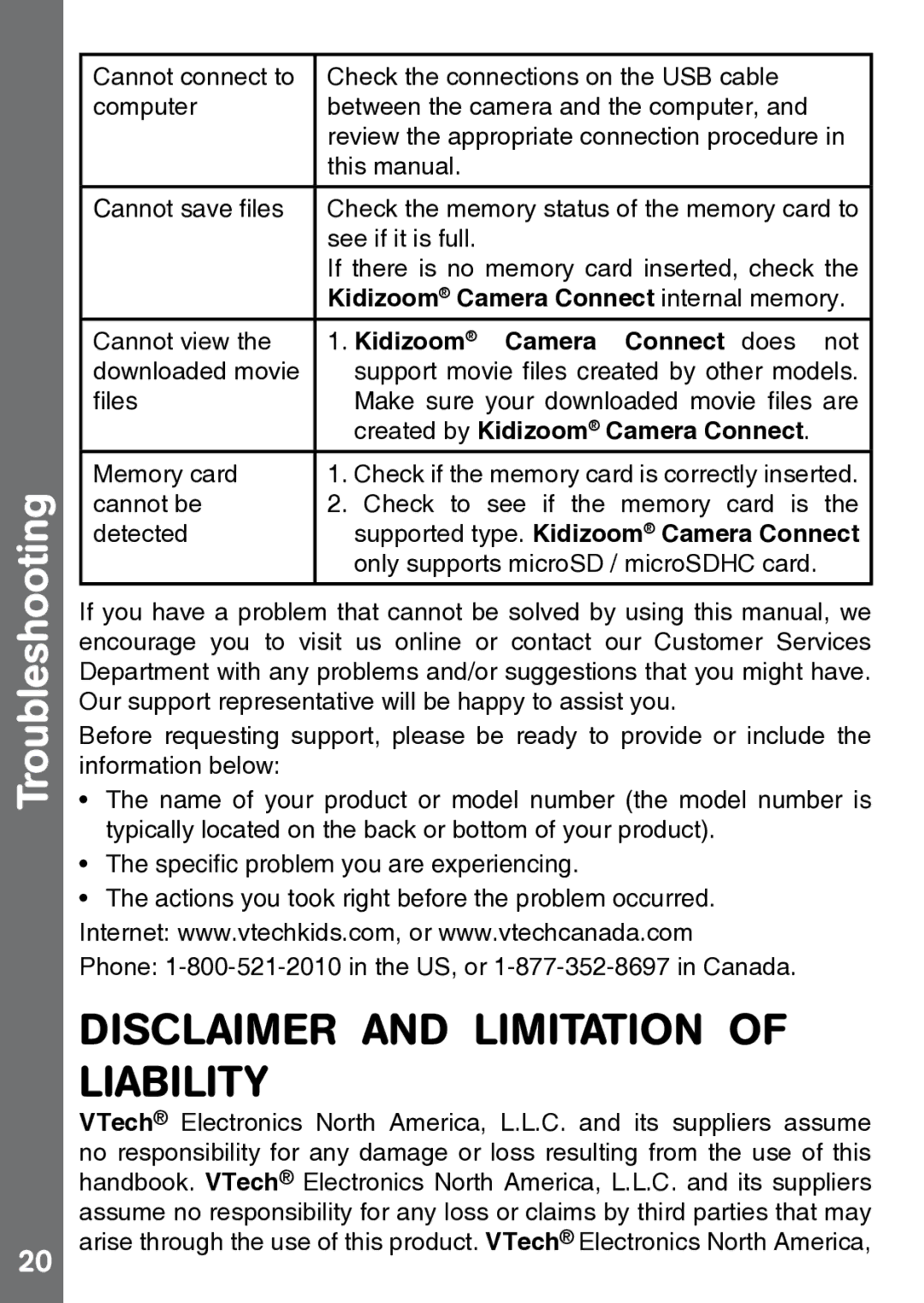 VTech 91-002843-000 user manual Disclaimer and Limitation of Liability, Kidizoom Camera Connect internal memory 