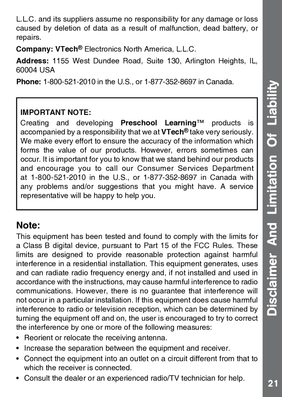 VTech 91-002843-000 user manual Disclaimer And Limitation Of Liability, Important Note 