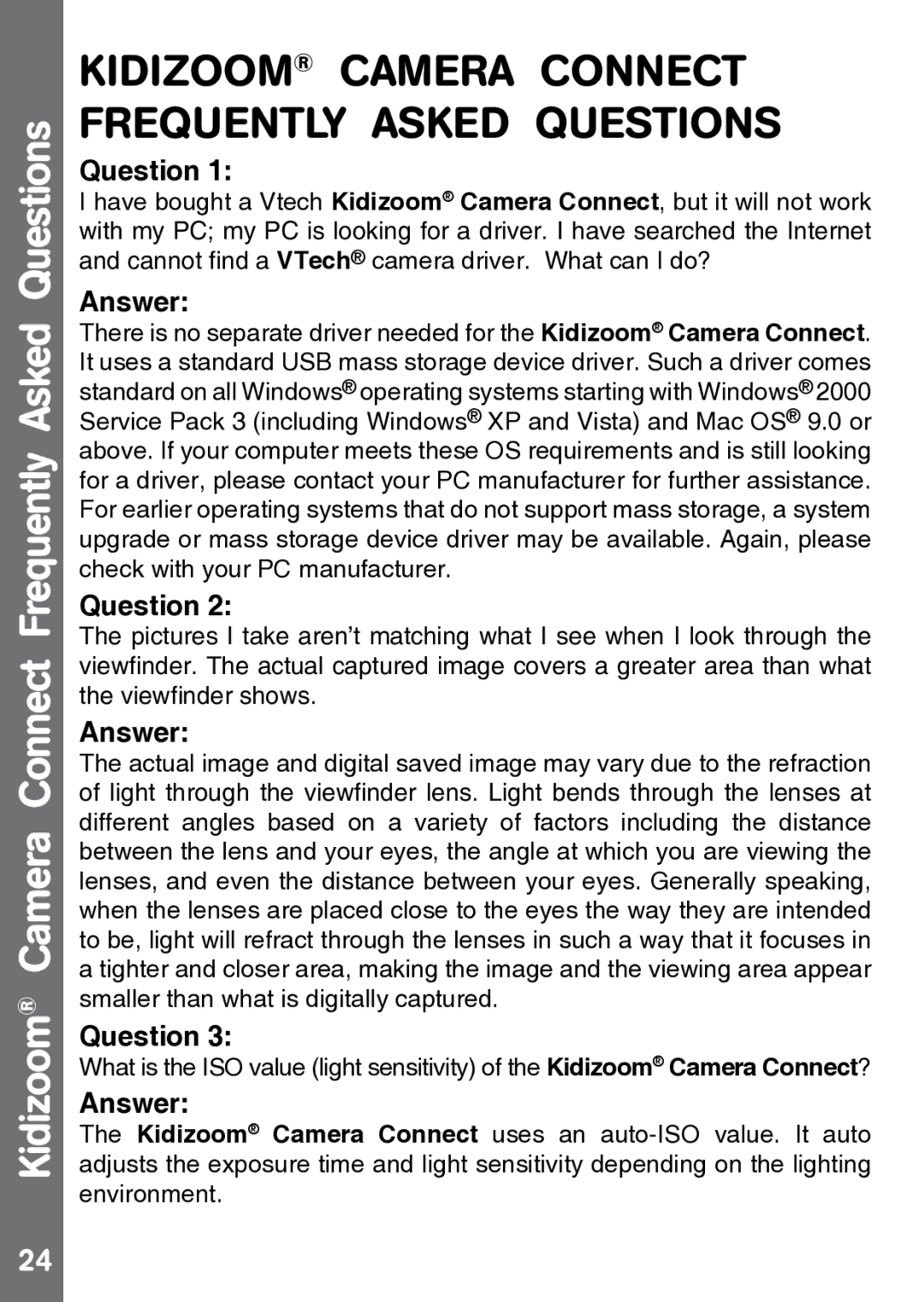 VTech 91-002843-000 user manual Kidizoom Camera Connect Frequently Asked Questions 