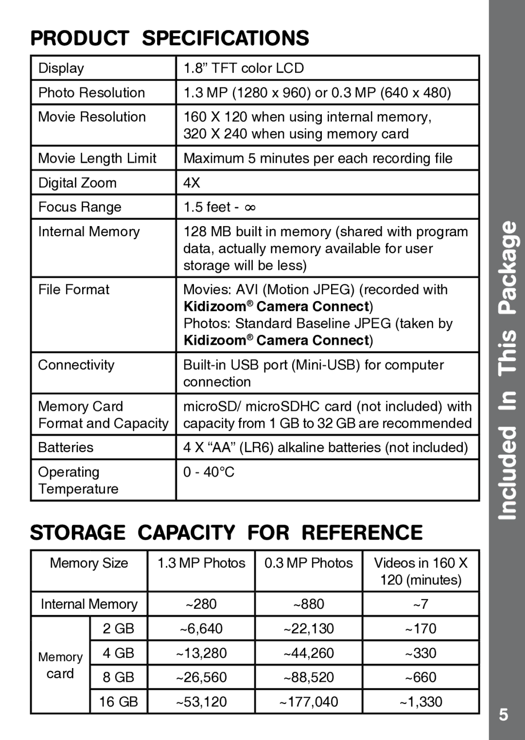 VTech 91-002843-000 user manual Product Specifications, Kidizoom Camera Connect 