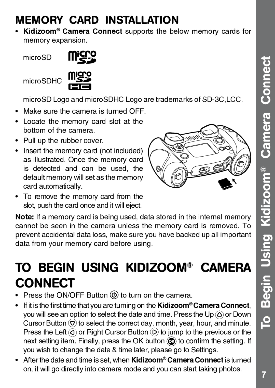 VTech 91-002843-000 user manual To Begin Using Kidizoom Camera Connect 