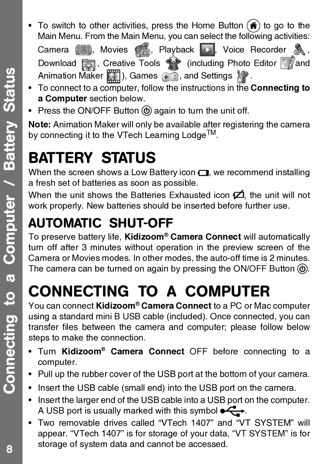 VTech 91-002843-000 user manual Connecting to a Computer / Battery Status 