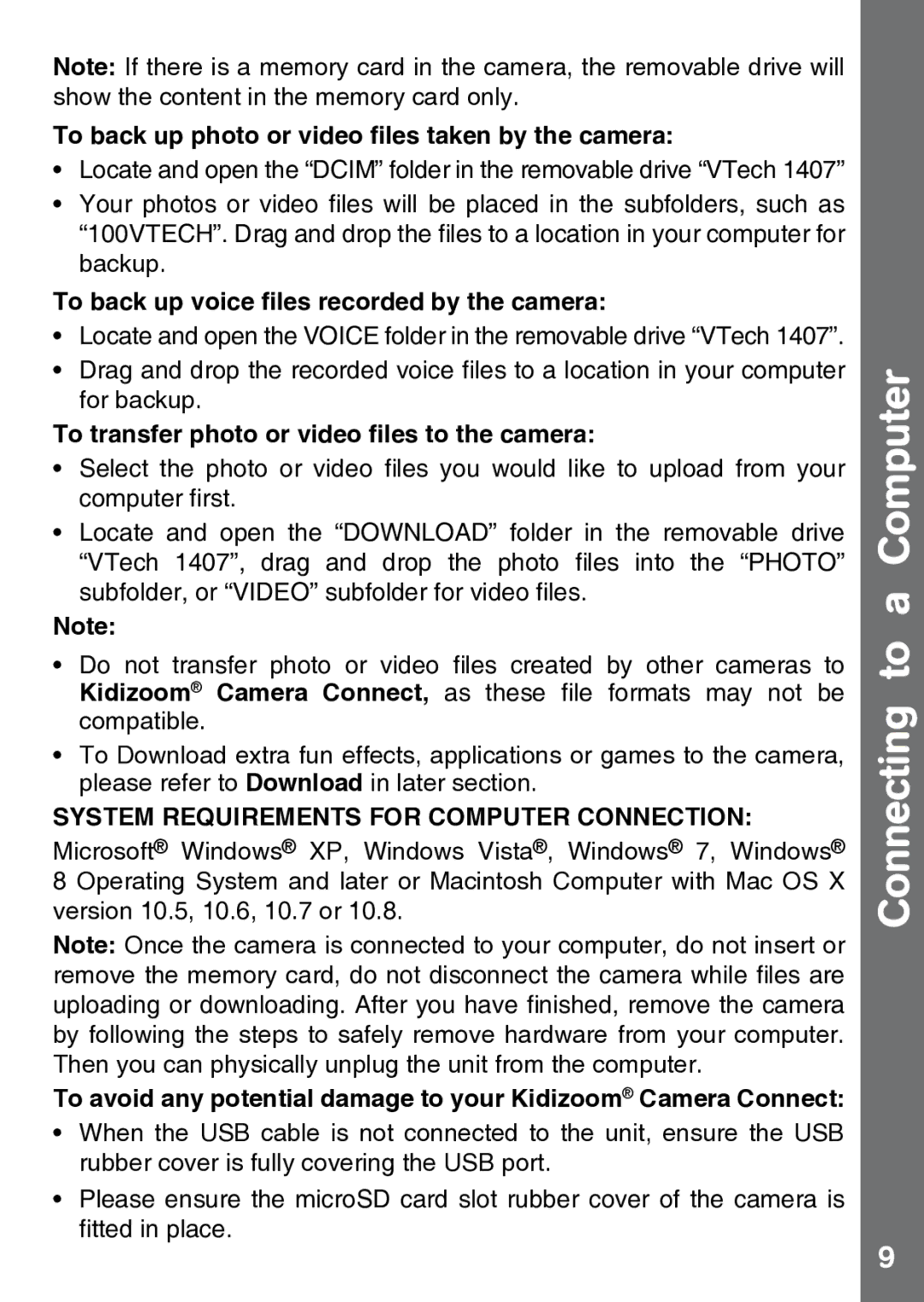 VTech 91-002843-000 user manual Connecting to a Computer, To back up photo or video files taken by the camera 