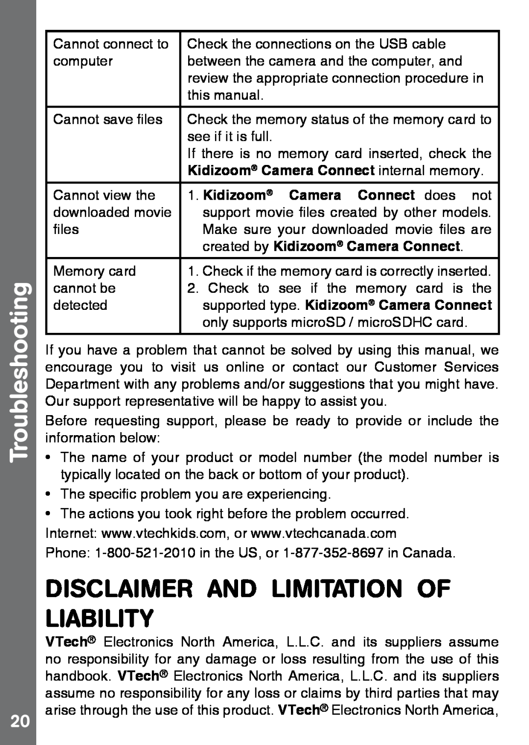 VTech 91-002843-000 Disclaimer And Limitation Of Liability, Kidizoom Camera Connect internal memory, Troubleshooting 