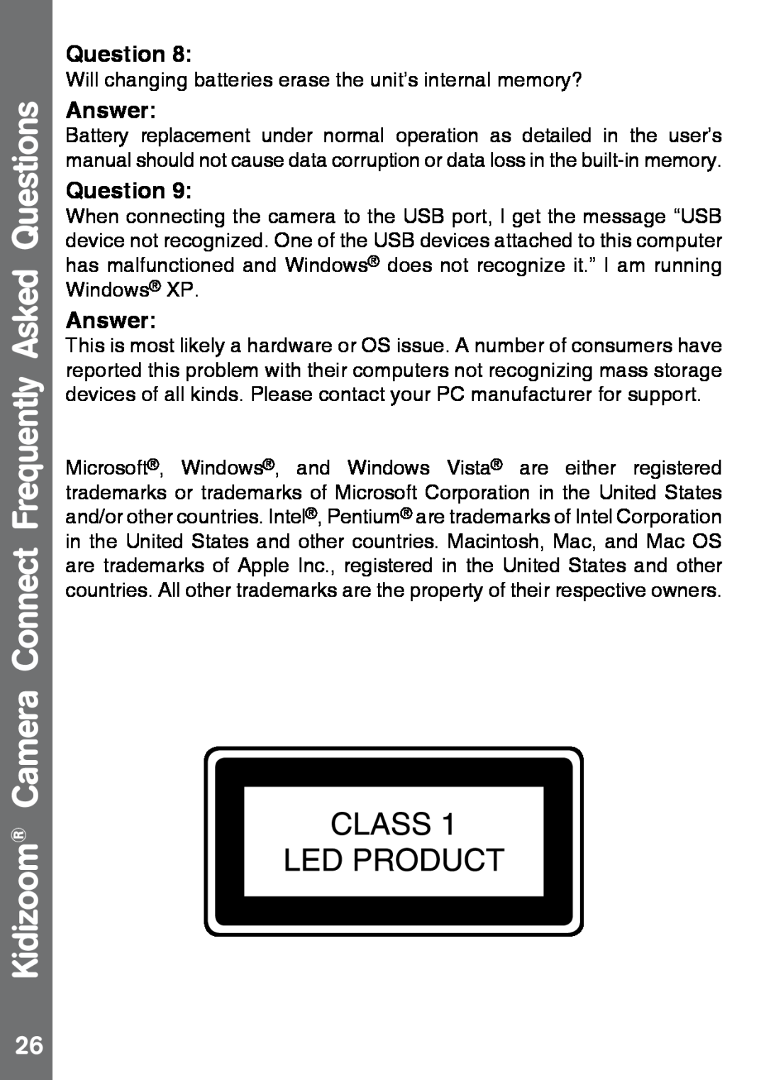 VTech 91-002843-000 user manual Kidizoom Camera Connect Frequently Asked Questions, Answer 