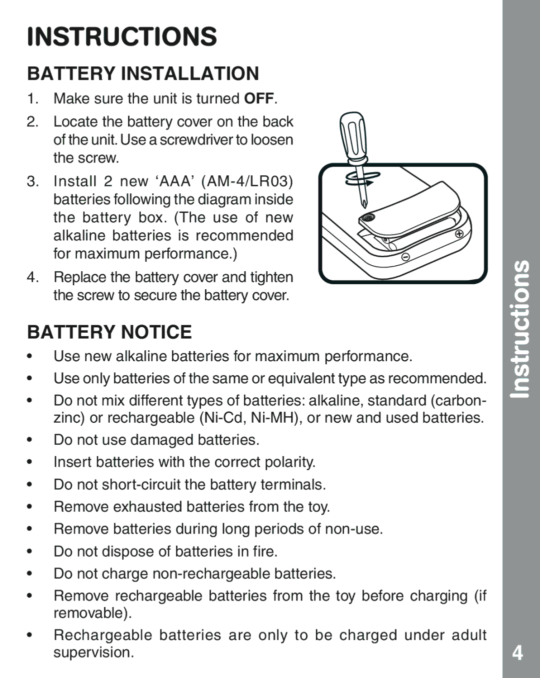 VTech 91-002845-000 user manual Instructions, Battery Installation, Battery Notice 