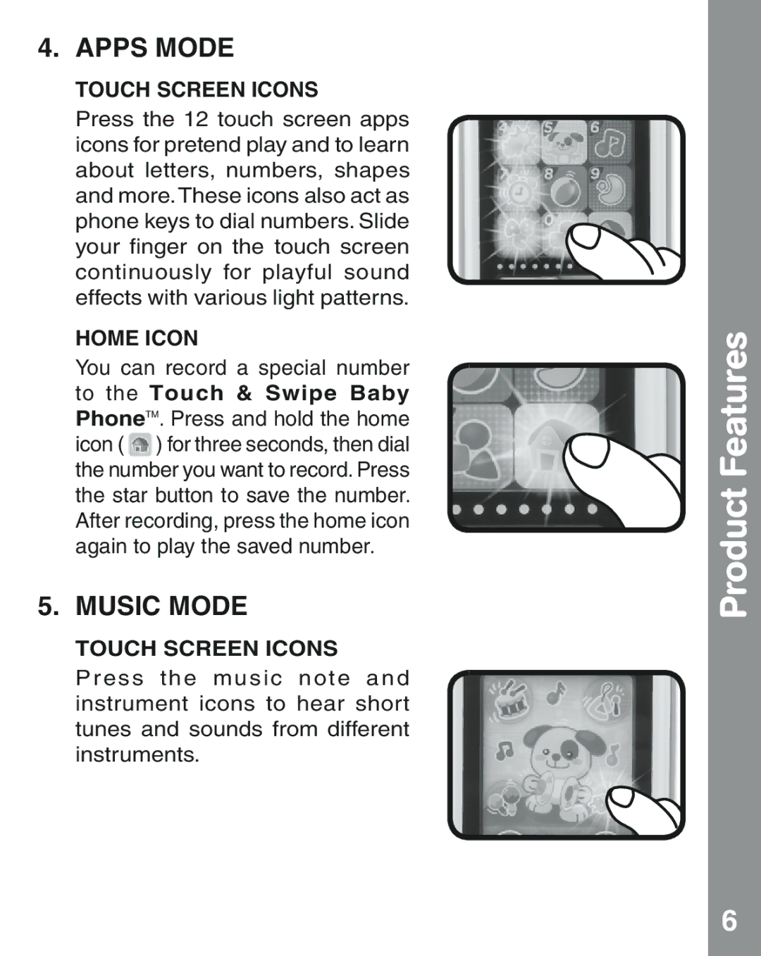 VTech 91-002845-000 user manual Apps Mode, Music Mode, Touch Screen Icons, Home Icon 