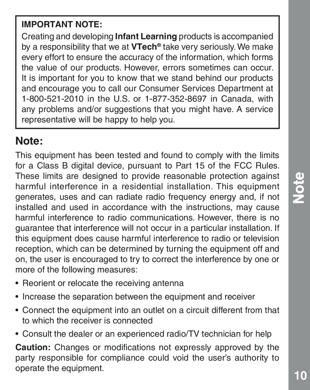 VTech 91-002854-000 user manual Important Note 