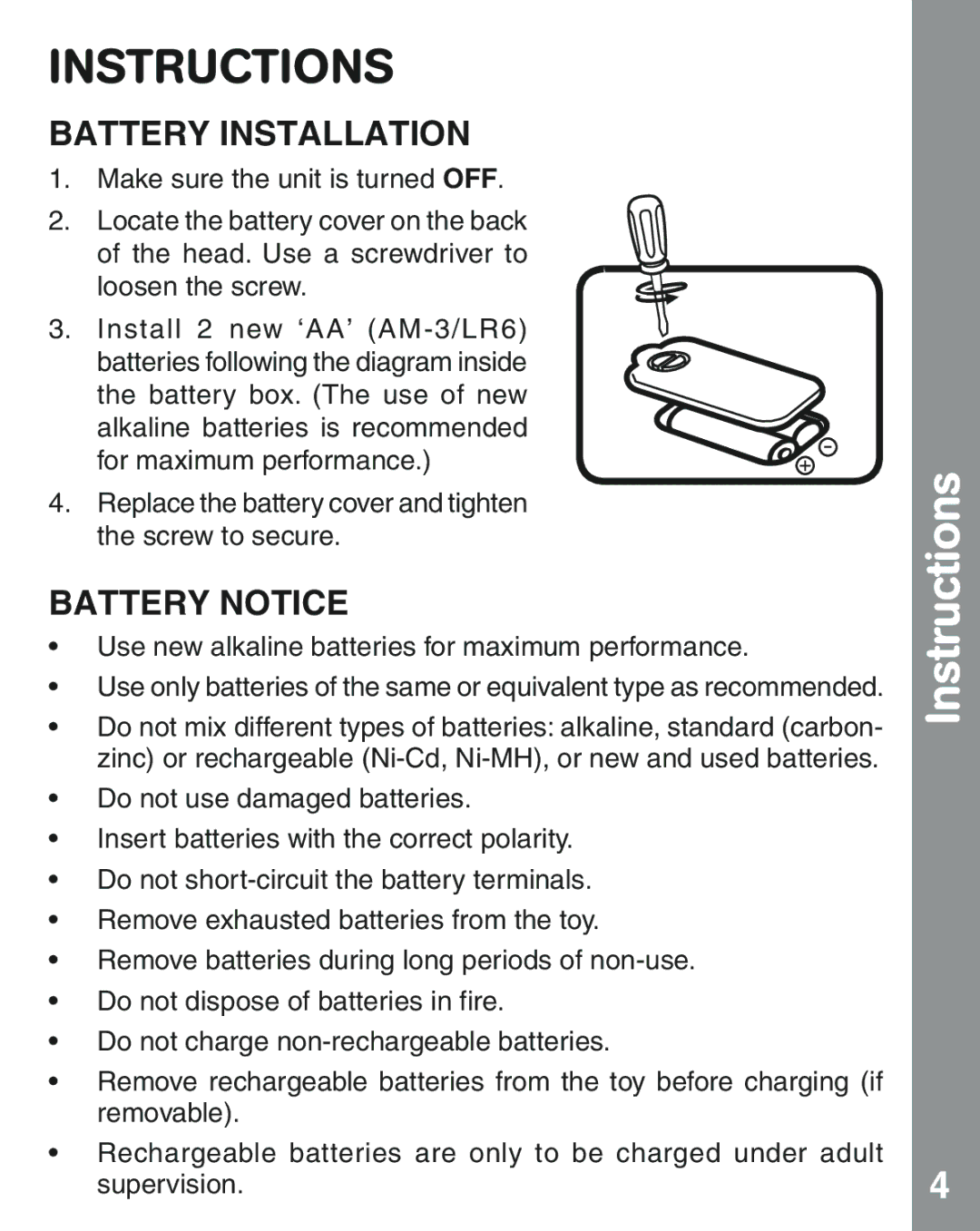 VTech 91-002854-000 user manual Instructions, Battery Installation, Battery Notice 