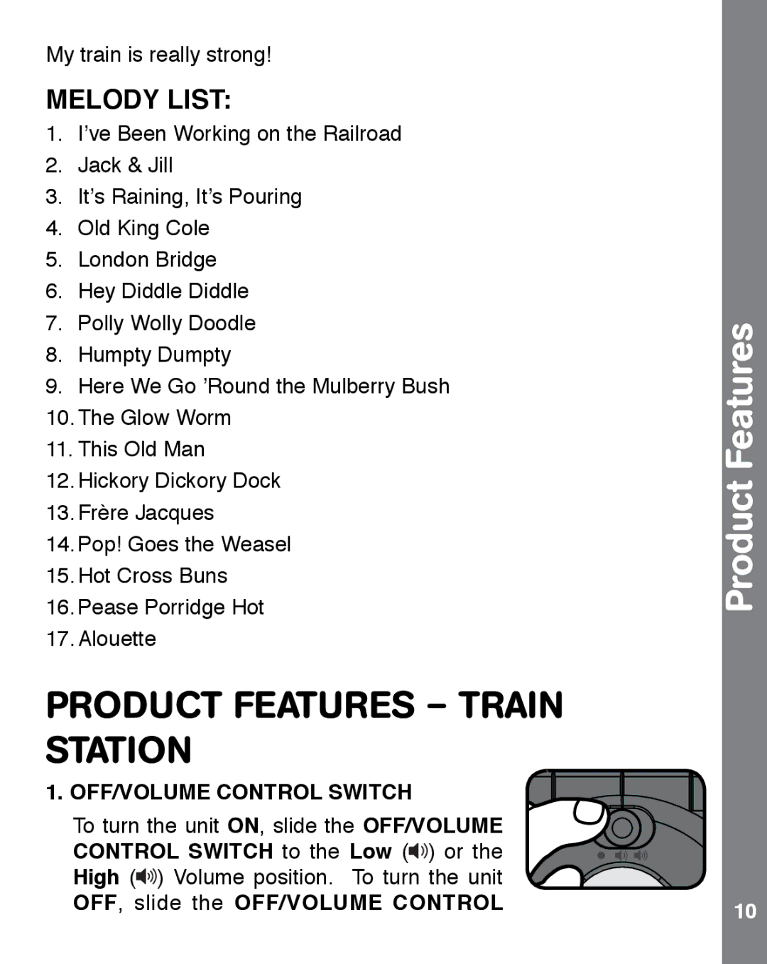 VTech 91-002858-007 user manual Product Features Train Station, OFF/VOLUME Control Switch 