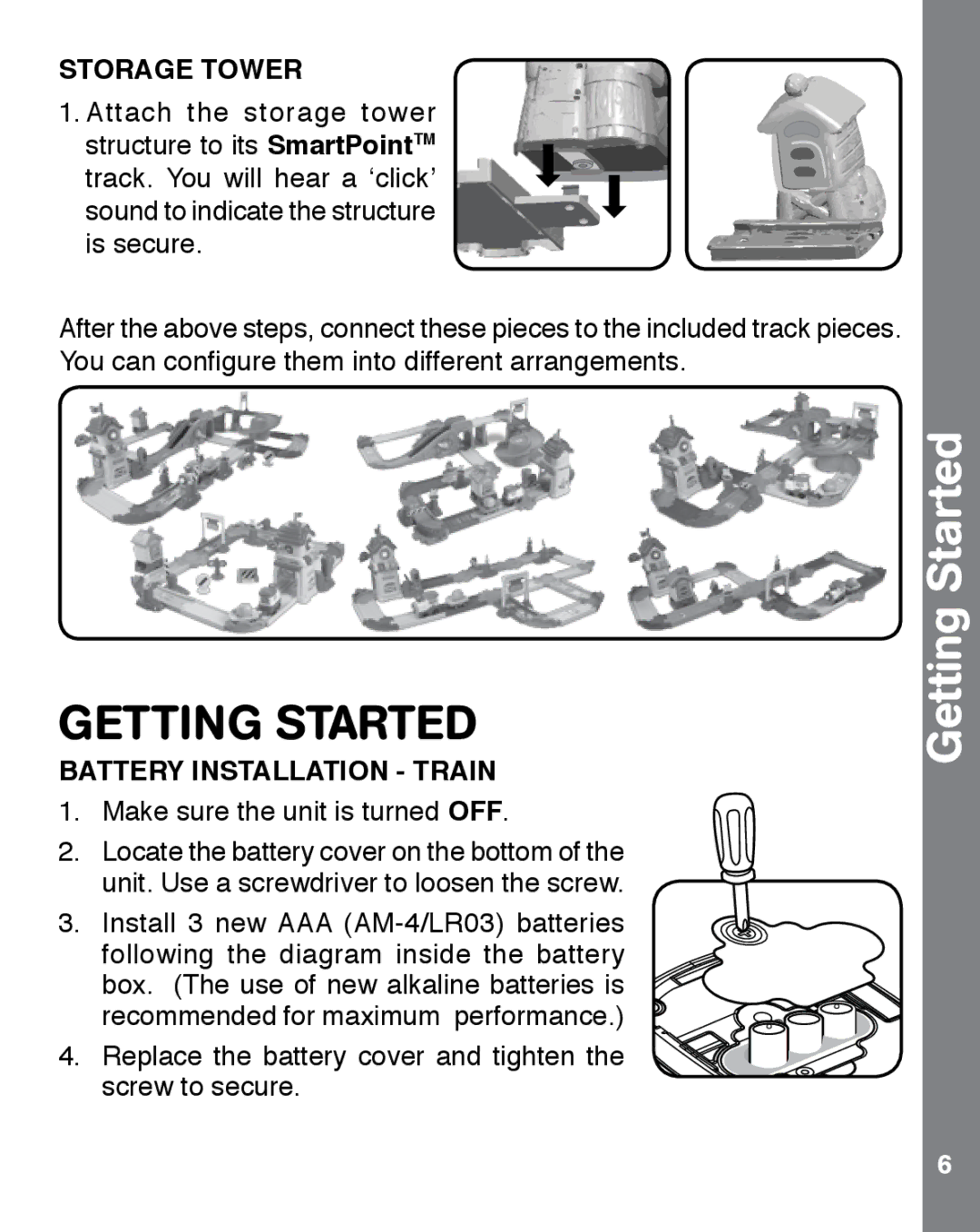 VTech 91-002858-007 user manual Getting Started, Storage Tower, Battery Installation Train 