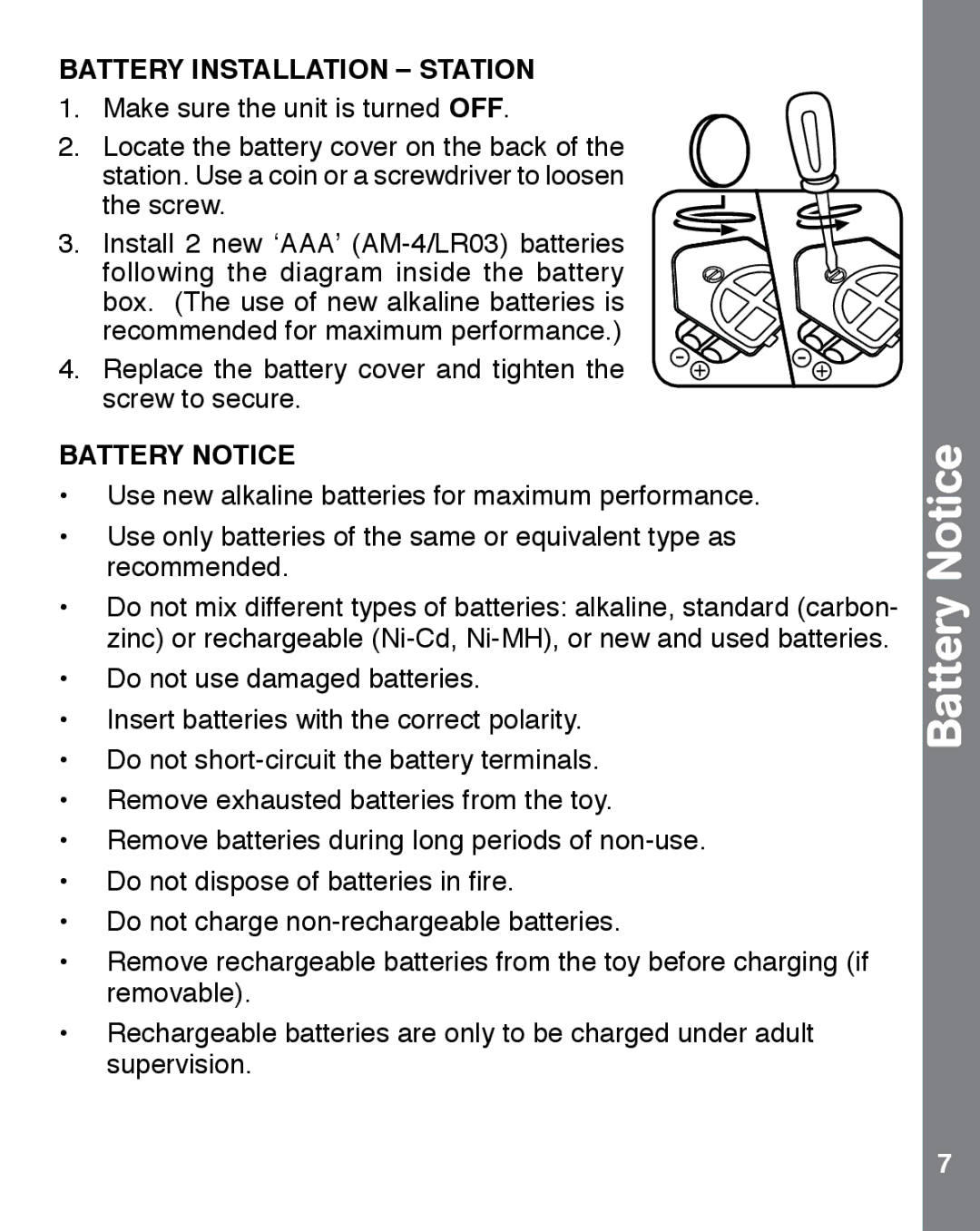 VTech 91-002858-007 user manual Battery Notice, Battery Installation Station 