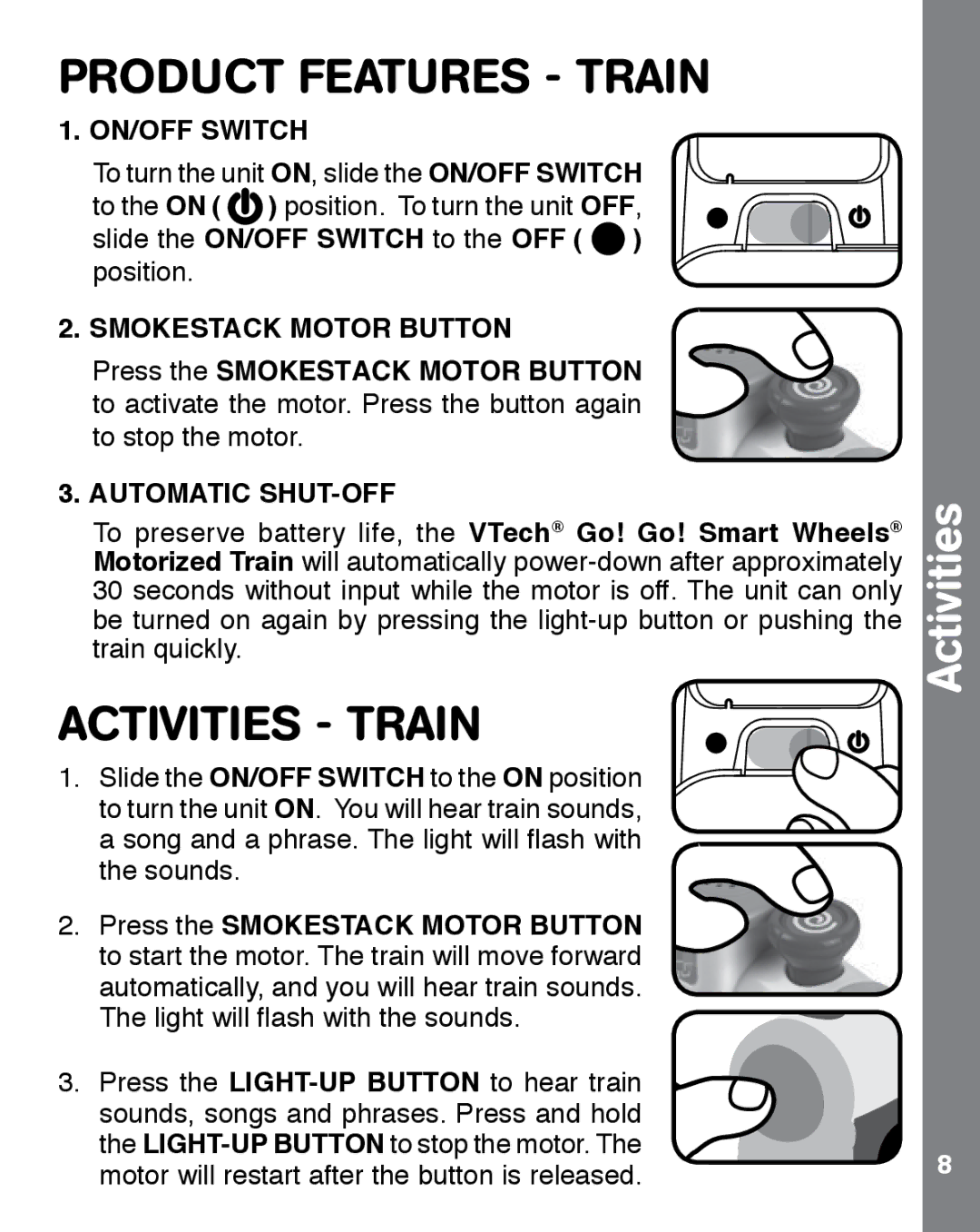 VTech 91-002858-007 user manual Product Features Train, Activities Train 