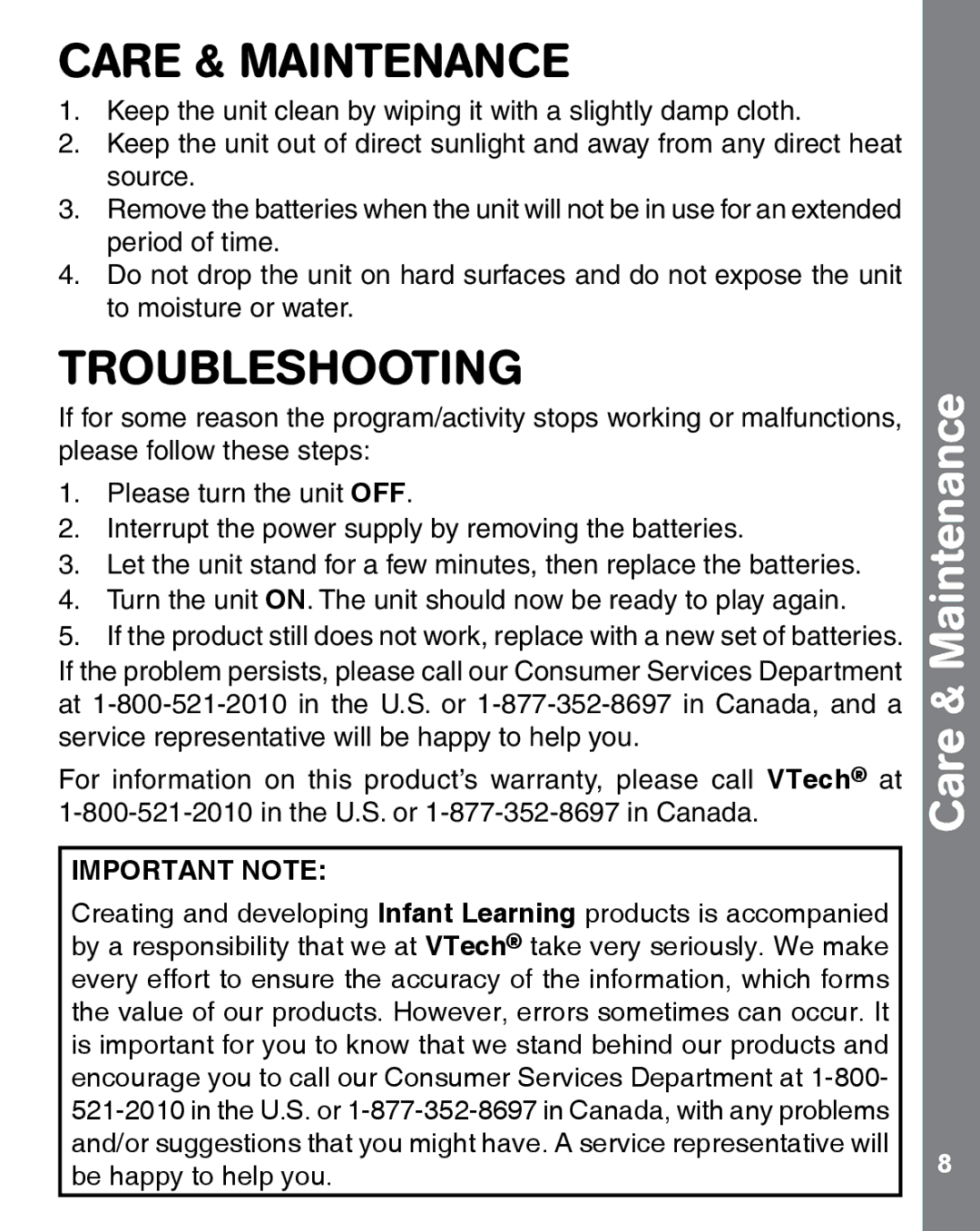 VTech 91-002887-006 user manual Care & Maintenance, Troubleshooting 