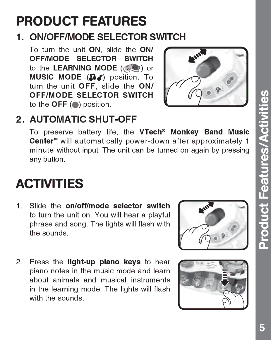 VTech 91-002898-000 US user manual Product Features/Activities, ON/OFF/MODE Selector Switch, Automatic SHUT-OFF 