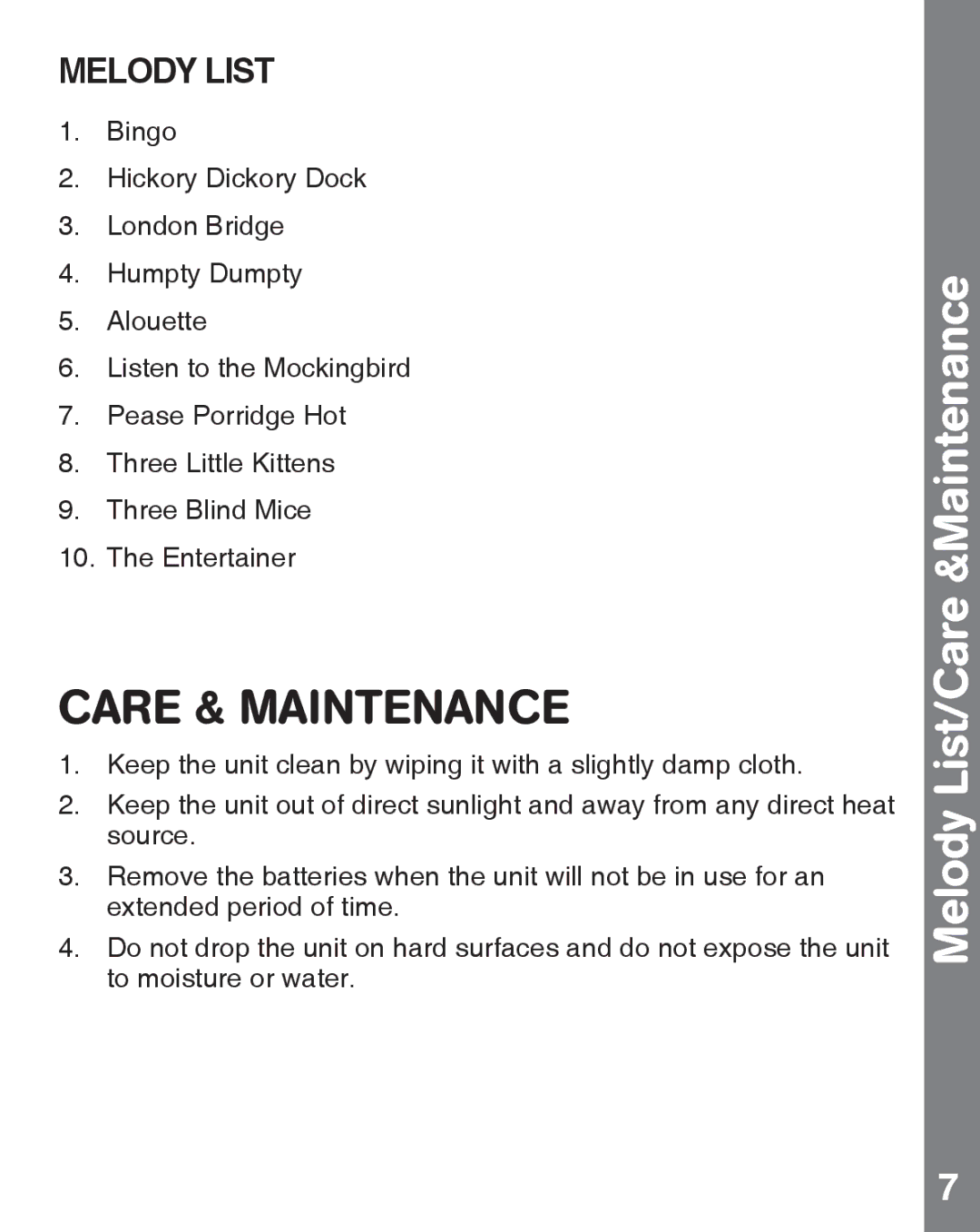 VTech 91-002898-000 US user manual Care & Maintenance, Melody List/Care &Maintenance 