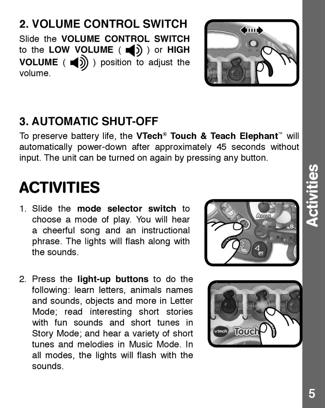 VTech 91-002924-000 user manual Activities, Volume Control Switch, Automatic SHUT-OFF 