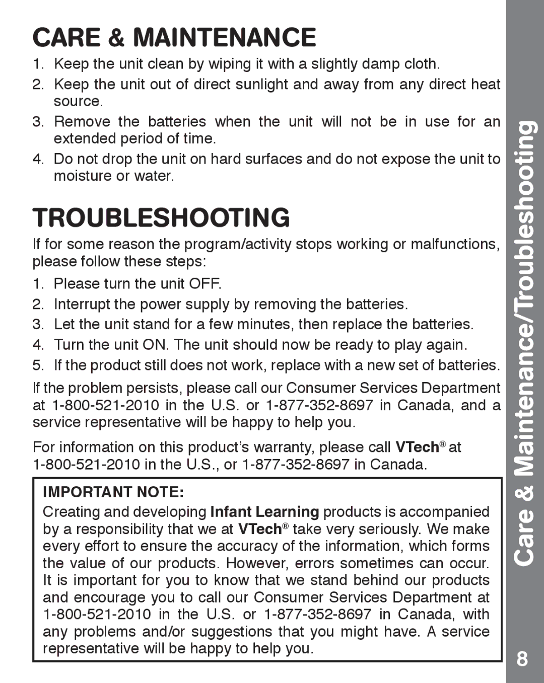 VTech 91-002924-000 user manual Care & Maintenance, Care Maintenance/Troubleshooting 