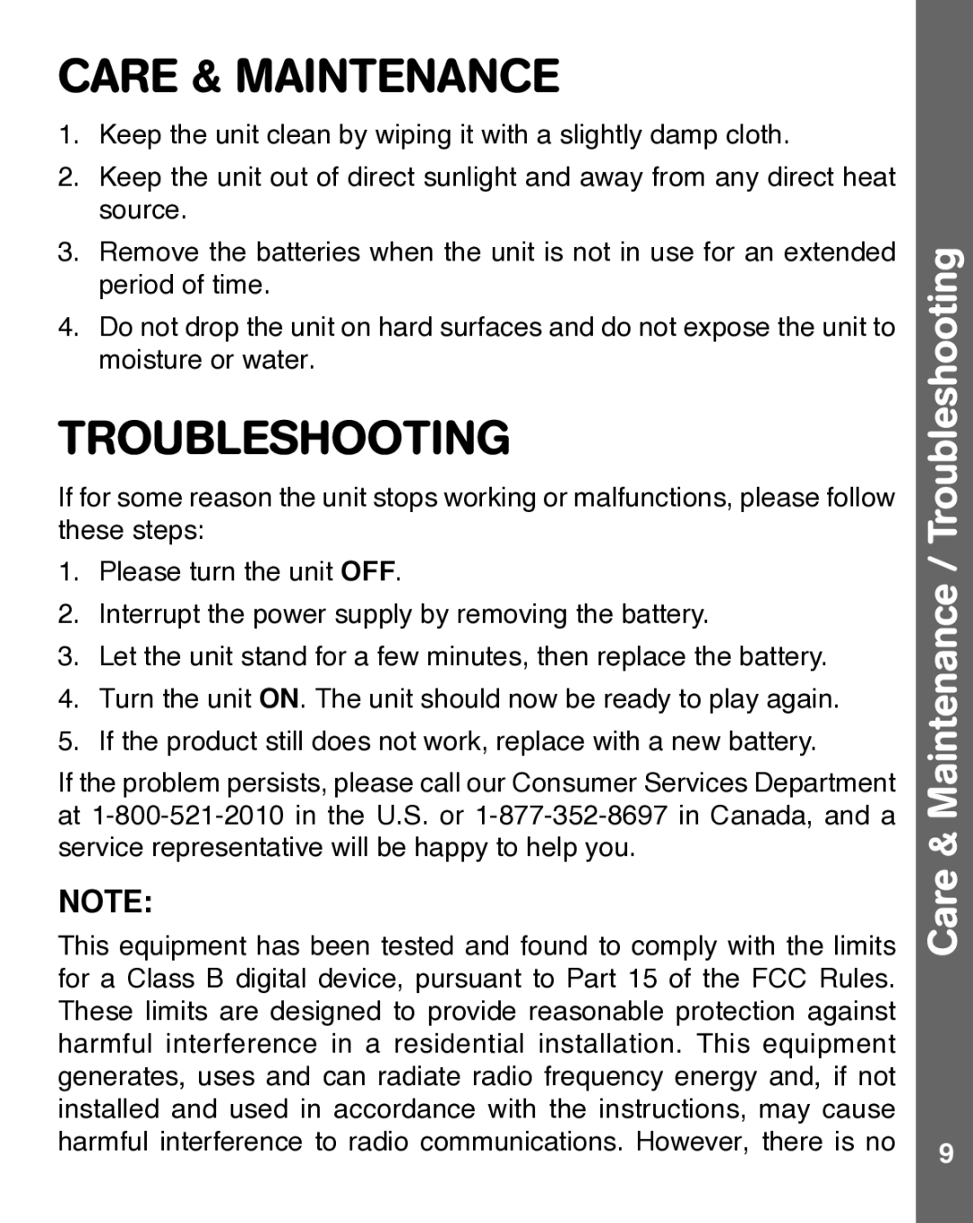 VTech 91-002929-000 US user manual Care & Maintenance / Troubleshooting 